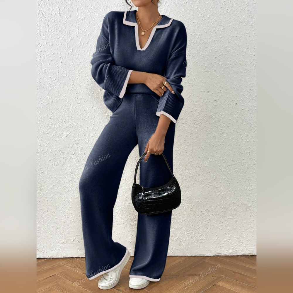 2pcs Contrast Color Splice Long Sleeve Simple Top And Pants Casual Set - Picture 2 of 6